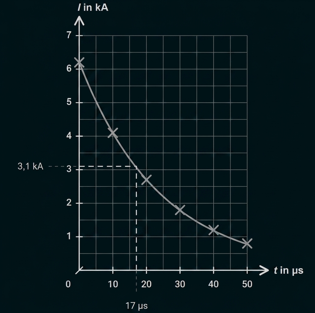 Diagramm mit Stromstärke über der Zeit, fallende Kurve und markierten Messpunkten.